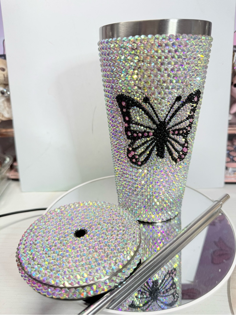 Butterfly Rhinestone cup/tumbler AB crystal HANDMADE NEW 240z